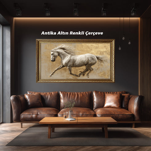 Koşan Beyaz At Tablosu Altın Varak Dokulu Arka Planlı Lüks Kanvas Duvar Dekoru, Salon Ofis İçin Büyük Boy At Figürlü Tablo