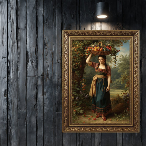 Meyve Sepeti Taşıyan Kırsal Kadın Sanat Baskısı, Doğal Bereket ve Geleneksel Yaşam Temalı Klasik Yağlı Boya Stil Duvar Dekoru