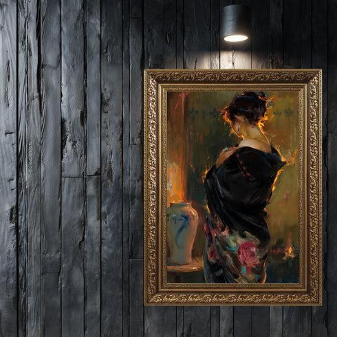 Arkadan Görünümlü Zarif Kadın Portresi, Duygusal Derinlik ve Dramatik Işıkla Yorumlanmış Modern ve Estetik Sanat Tablosu