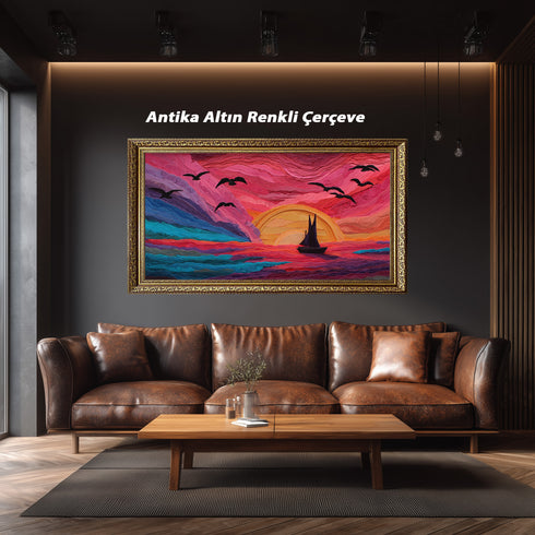 Kızıl Gün Batımı ve Yelkenli Tablosu Soyut Deniz Manzarası Modern Kanvas Duvar Dekoru Salon Ofis Yatak Odası İçin Büyük Boy Sanatsal Tasarım