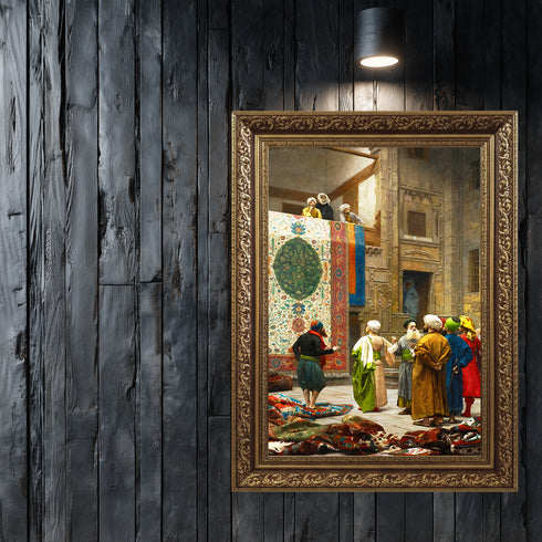 Oryantal Halı Pazarı Sahnesi Sanat Tablosu Poster, Geleneksel Doğu Mimarisi ve Renkli Figürlerle Klasik Tarihi Duvar Sanatı