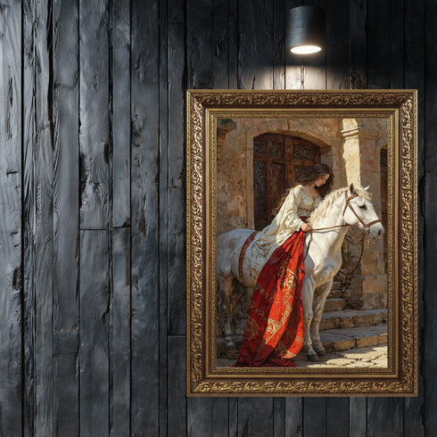 Tarihi Taş Mekânda Beyaz At Üzerinde Zarif Kadın, Orta Çağ Esintili Romantik Sahne, Klasik ve Epik Sanat Tarzında Duvar Dekoru