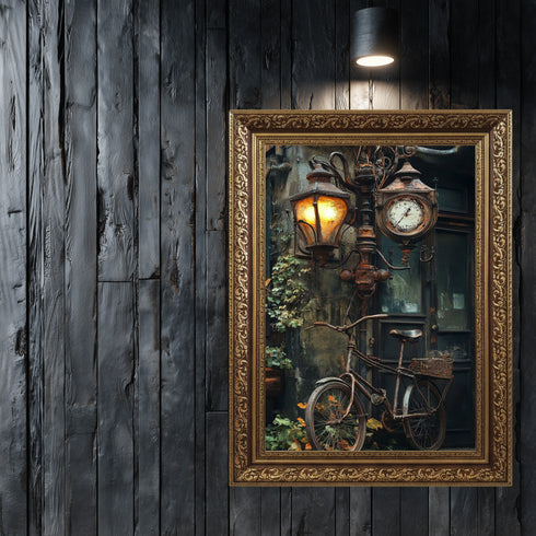 Vintage Sokak Lambası ve Bisiklet Sanat Tablosu Poster, Nostaljik Şehir Detayı ile Rustik Endüstriyel Duvar Dekoru Baskısı Sanatı