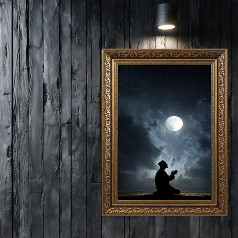 Dolunay Altında Dua Eden Müslüman Silüeti Kanvas Tablo – Gece ve Yıldız Temalı İslami Duvar Dekoru, Dini ve Manevi Salon Tablosu