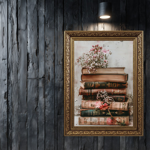 Vintage Kitap Yığını ve Zarif Çiçekler, Nostaljik ve Romantik Atmosferli Estetik Natürmort Sanat Tablosu