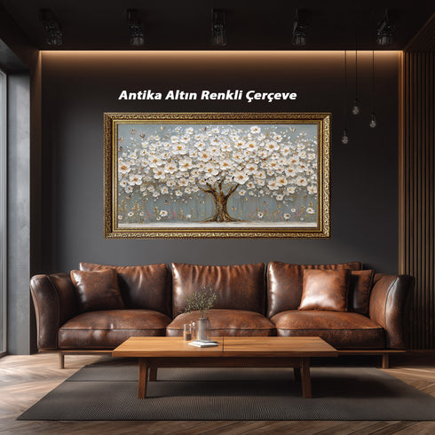 Beyaz Çiçekli Ağaç Kanvas Tablo Altın Detaylı Kelebekli Duvar Dekoru, Modern Dokulu Salon Yatak Odası Büyük Boy Tablo