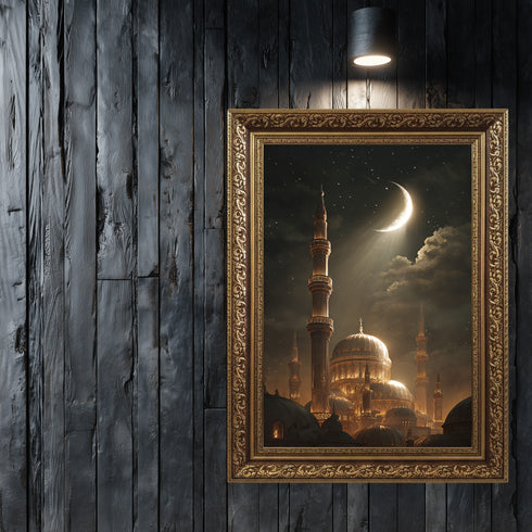 Hilal ve Yıldızlı Gece Camii Kanvas Tablo – Altın Işıltılı İslami Duvar Dekoru, Dini ve Manevi Atmosferli Salon Tablosu