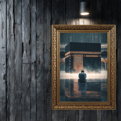 Kabe-i Muazzama Önünde Dua Eden Müslüman Kanvas Tablo – Mekke Temalı İslami Duvar Dekoru, Dini ve Manevi Atmosferli Salon Tablosu