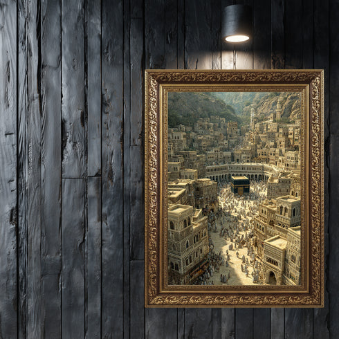 Eski Kabe-i Muazzama ve Mekke Şehir Manzarası Kanvas Tablo – Hac ve Umre Temalı İslami Duvar Dekoru, Dini ve Manevi Salon Tablosu