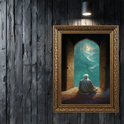 Kapıdan Camiye Bakan Derviş Kanvas Tablo – Manevi Yolculuk Temalı İslami Duvar Dekoru, Dini ve Huzur Veren Salon Tablosu