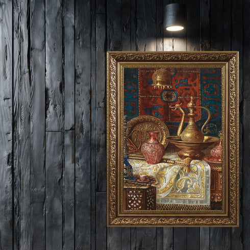 Oryantal Natürmort Sanat Tablosu Poster, Osmanlı İbriği ve Metal Objelerle Klasik Doğu Duvar Sanatı