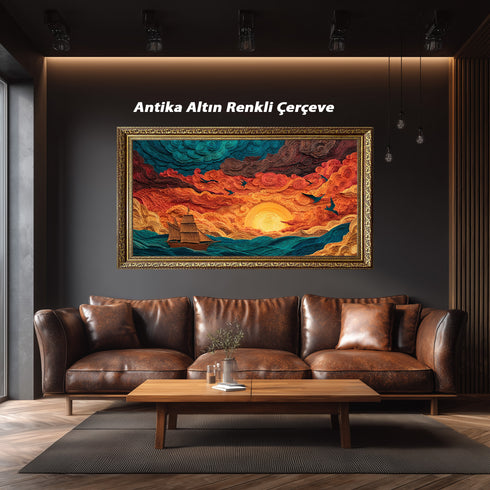 Gün Batımında Yelkenli ve Martılar Tablosu Soyut Deniz Manzarası Modern Kanvas Duvar Dekoru Salon Ofis İçin Büyük Boy Sanatsal Tasarım