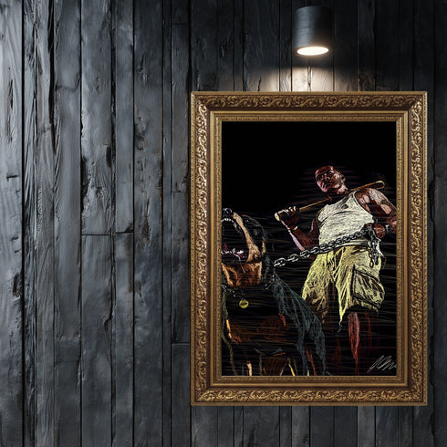 GTA 5 Franklin ve Chop Köpek Scribble Art Kanvas Tablo | Grand Theft Auto V Oyuncu Duvar Sanatı | Rottweiler ve Beyzbol Sopası Kanvas Tablo