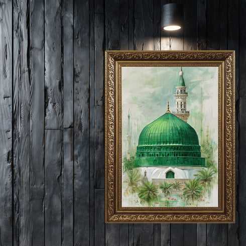 Yeşil Kubbe Mescid-i Nebevi Kanvas Tablo – Medine Ravza-i Mutahhara İslami Duvar Dekoru, Dini Huzur Temalı Salon Tabl