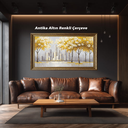 Sarı Yapraklı Ağaç ve Şehir Manzarası Tablosu Modern Soyut Kanvas Duvar Dekoru, Salon Ofis İçin Büyük Boy Tablo