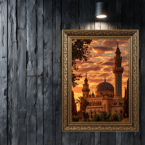 Gün Batımında Tarihi Cami ve Minare Kanvas Tablo – Altın Gökyüzü Temalı İslami Duvar Dekoru, Dini ve Manevi Salon Tablosu