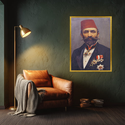 Osmanlı Paşası Portre Sanat Tablosu Poster, Fesli ve Nişanlı Erkek Figürü ile Klasik Tarihi Duvar Sanatı Dekoratif Baskı