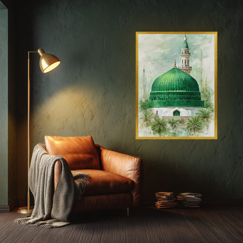 Yeşil Kubbe Mescid-i Nebevi Kanvas Tablo – Medine Ravza-i Mutahhara İslami Duvar Dekoru, Dini Huzur Temalı Salon Tabl