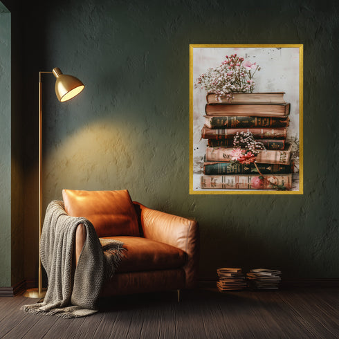 Vintage Kitap Yığını ve Zarif Çiçekler, Nostaljik ve Romantik Atmosferli Estetik Natürmort Sanat Tablosu