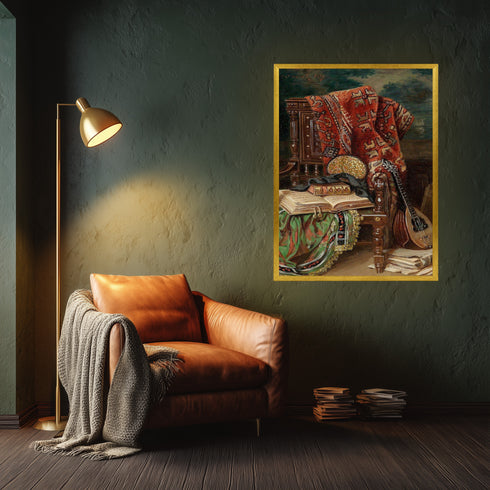 Oryantal Sandalye ve Ud ile Klasik Natürmort Sanat Baskısı, El Yazması Kitaplar ve Kilim Desenleriyle Tarihi Duvar Dekoru