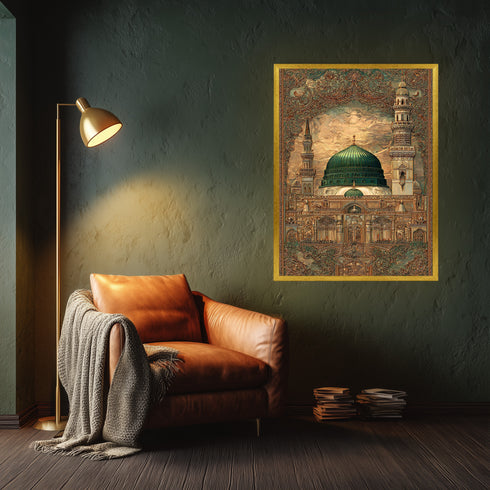 Mescid-i Nebevi Yeşil Kubbe Osmanlı Desenli Kanvas Tablo – İslami Sanat Motifli Dini Duvar Dekoru, Medine Temalı Salon Tablosu