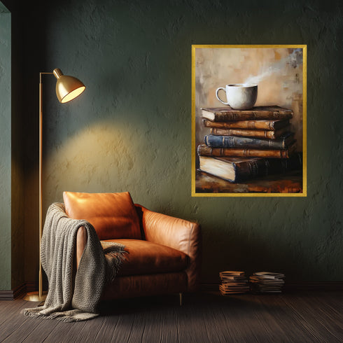 Buharlı Kahve Fincanı ve Eski Kitaplar, Sıcak ve Huzurlu Atmosferli Nostaljik Okuma Köşesi Temalı Sanat Tablosu