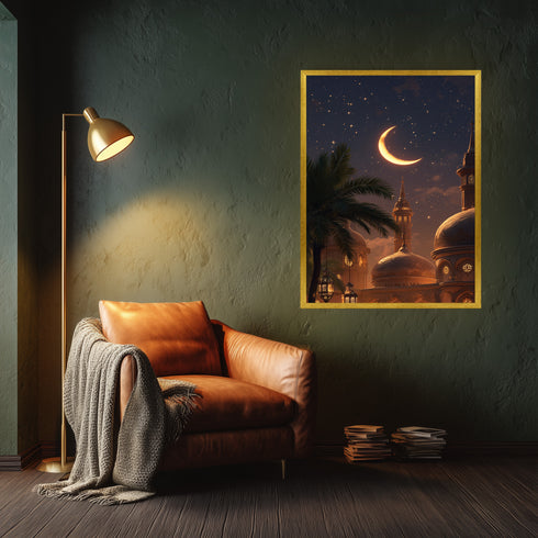 Hilal ve Yıldızlı Gece Camii Manzarası Kanvas Tablo – Ramazan Temalı İslami Duvar Dekoru, Dini ve Manevi Salon Tablosu