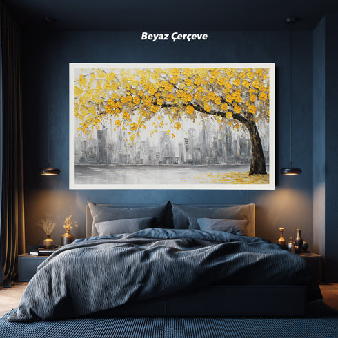 Sarı Çiçekli Ağaç ve Gri Şehir Silüeti Tablosu Modern Soyut Kanvas Duvar Dekoru Salon Ofis İçin Büyük Boy Şık Tasarım