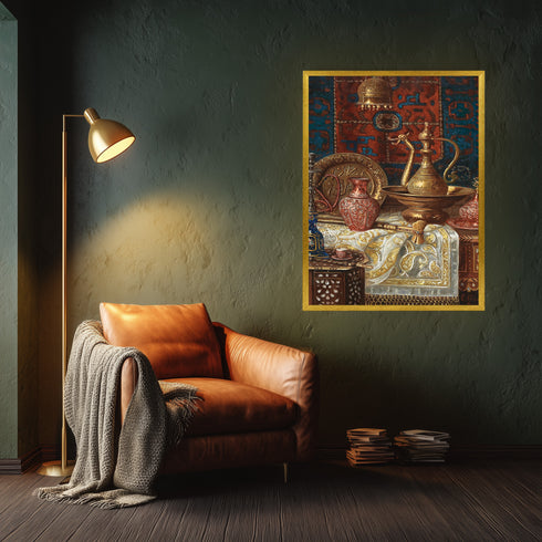 Oryantal Natürmort Sanat Tablosu Poster, Osmanlı İbriği ve Metal Objelerle Klasik Doğu Duvar Sanatı