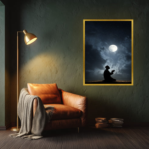 Dolunay Altında Dua Eden Müslüman Silüeti Kanvas Tablo – Gece ve Yıldız Temalı İslami Duvar Dekoru, Dini ve Manevi Salon Tablosu