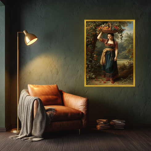 Meyve Sepeti Taşıyan Kırsal Kadın Sanat Baskısı, Doğal Bereket ve Geleneksel Yaşam Temalı Klasik Yağlı Boya Stil Duvar Dekoru