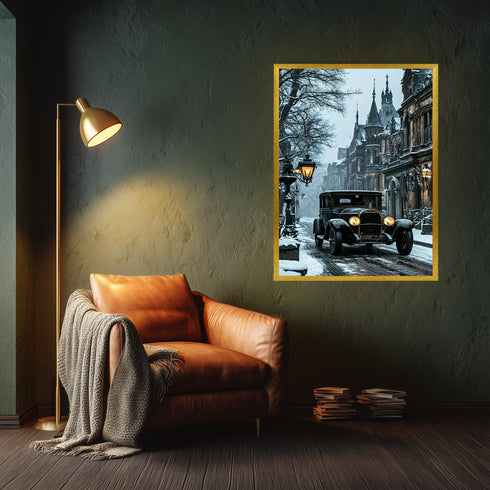 Karlı Sokakta Klasik Araba Sanat Baskısı, Gotik Mimarili Tarihi Şehirde Kış Atmosferi ve Vintage Duvar Dekoru