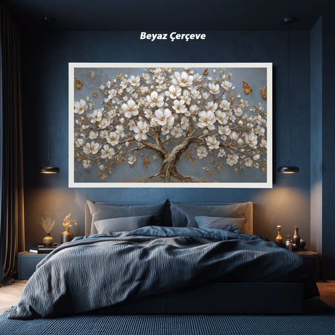 Altın Detaylı Beyaz Çiçekli Ağaç Tablosu Kelebekli Modern Kanvas Duvar Dekoru, Dokulu Salon Yatak Odası Büyük Boy Tablo