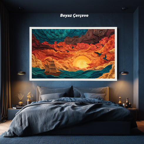 Gün Batımında Yelkenli ve Martılar Tablosu Soyut Deniz Manzarası Modern Kanvas Duvar Dekoru Salon Ofis İçin Büyük Boy Sanatsal Tasarım