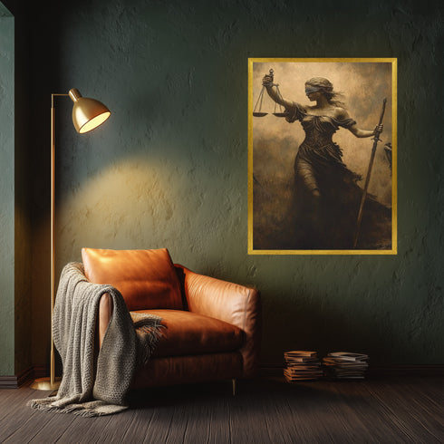 Adalet Tanrıçası Themis Sanat Baskısı, Kör Adalet ve Terazi Sembolüyle Güçlü Mitolojik Figür, Klasik ve Dramatik Duvar Dekoru