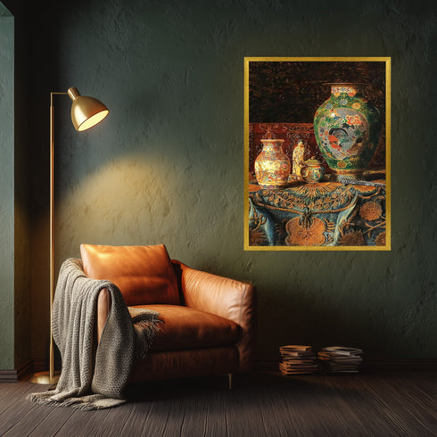 Eskitilmiş Çerçeveli Klasik Natürmort Sanat Tablosu Poster, Çin Porselen Vazolar ve Oryantal Desenli Kumaşlı Duvar Sanatı