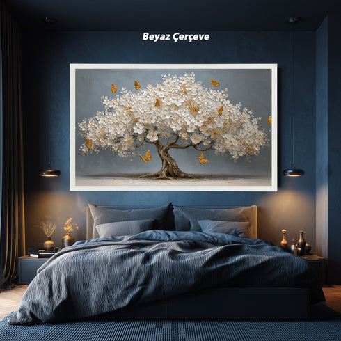 Beyaz Çiçekli Ağaç ve Altın Kelebekler Kanvas Tablo, Modern Çiçekli Duvar Dekoru, Salon ve Ofis için Şık Dekoratif Baskı Ev Hediyesi