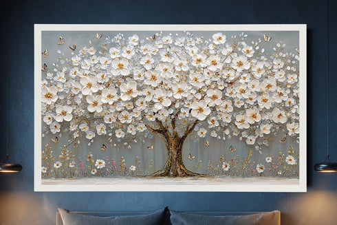 Beyaz Çiçekli Ağaç Kanvas Tablo Altın Detaylı Kelebekli Duvar Dekoru, Modern Dokulu Salon Yatak Odası Büyük Boy Tablo