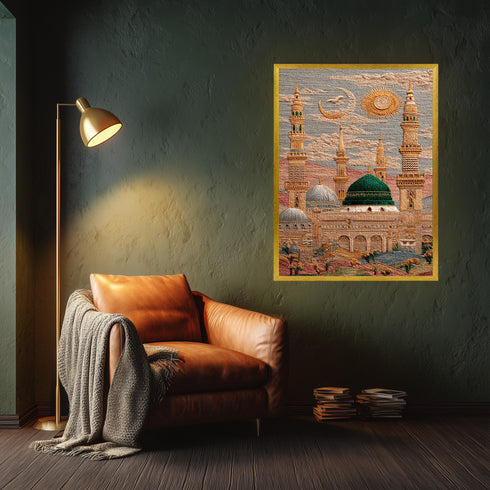 Mescid-i Nebevi Yeşil Kubbe Nakış İşlemeli Görünümlü Kanvas Tablo – Hilal ve Güneş Motifli İslami Duvar Dekoru, Dini Salon Tablosu