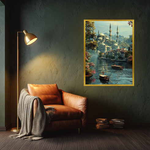 Boğazda Tarihi Cami ve Kayıklar Manzarası Sanat Baskısı, İstanbul’un Yeşil Doğası ve Sakin Suları ile Klasik Duvar Dekoru