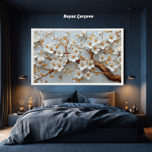 Altın Dallı Beyaz Çiçekli Ağaç Dalı Tablosu Kabartmalı Lüks Modern Kanvas Duvar Dekoru Salon Yatak Odası İçin Şık Tasarım