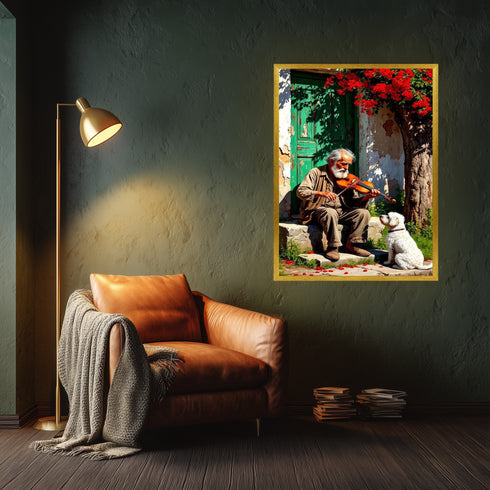 Kemancı Yaşlı Adam ve Sadık Köpek Suluboya Sanat Baskısı, Nostaljik Köy Sahnesi ve Doğal Işıklarla Duygusal Duvar Dekoru