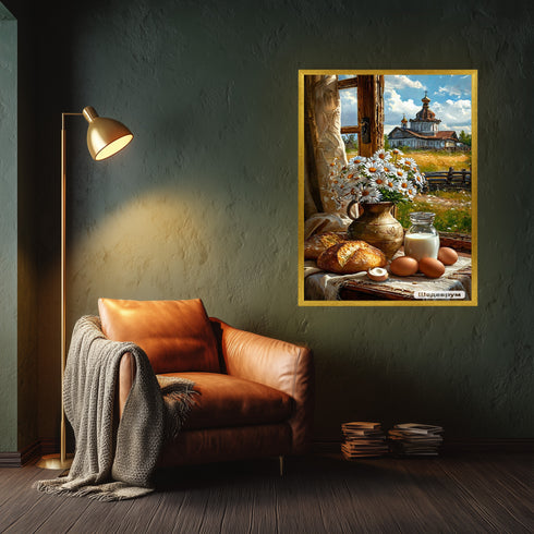 Kır Evi Penceresinde Natürmort Sanat Baskısı, Papatyalar Ekmek ve Süt ile Kırsal Yaşamın Sıcaklığı, Nostaljik Duvar Dekoru