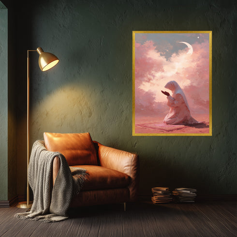Hilal ve Pembe Bulutlar Altında Dua Eden Kadın Kanvas Tablo – Manevi Huzur Temalı İslami Duvar Dekoru, Dini Salon Tablosu