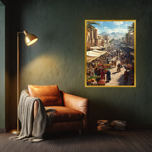 Antik Doğu Pazarı Manzarası Sanat Tablosu Poster, Palmiye Ağaçları ve Tarihi Mimari Arasında Canlı Oryantal Çarşı Sahnesi Duvar Sanatı