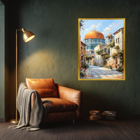 Kubbetüs Sahra ve Tarihi Taş Sokaklar, Çiçeklerle Bezeli Kudüs Manzarasında Huzur ve Maneviyat Yansıtan Sanat Tablosu