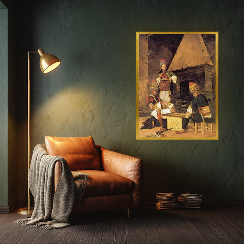 Tavla Oynayan Zeybekler, Osmanlı Dönemi Kıyafetleriyle Geleneksel Kahvehane Sahnesini Yansıtan Nostaljik Sanat Tablosu