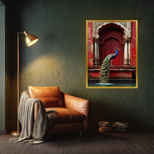 Kırmızı Oryantal Kapı ve Tavus Kuşu Sanat Baskısı, Doğu Mimarisi ve Zarif Detaylarla Egzotik Duvar Dekoru Tablo