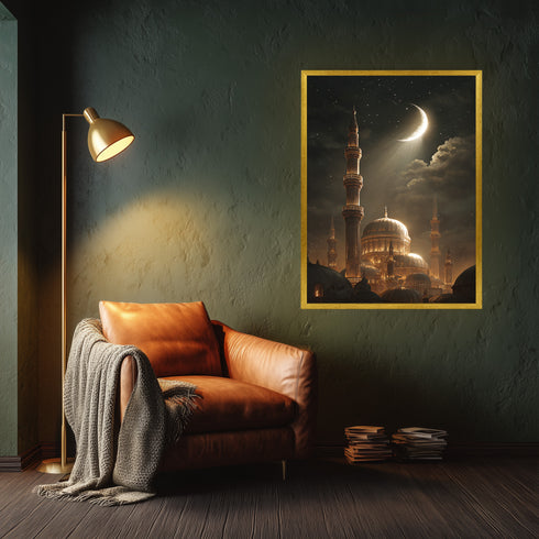Hilal ve Yıldızlı Gece Camii Kanvas Tablo – Altın Işıltılı İslami Duvar Dekoru, Dini ve Manevi Atmosferli Salon Tablosu