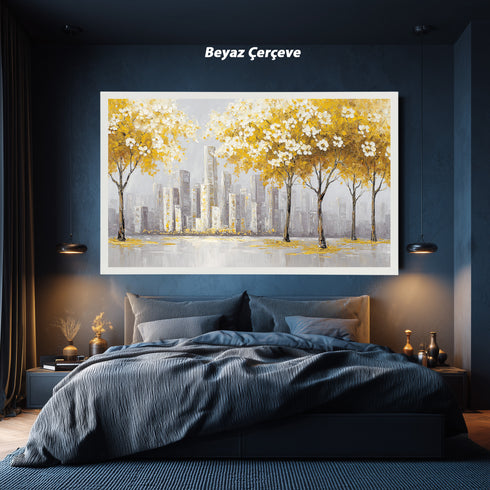 Sarı Yapraklı Ağaç ve Şehir Manzarası Tablosu Modern Soyut Kanvas Duvar Dekoru, Salon Ofis İçin Büyük Boy Tablo